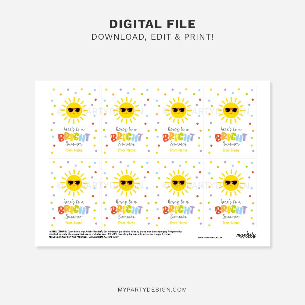 SUMMER-BRIGHT-GIFT-TAGS-00C printable Here's to a Bright Summer gift tags for end of school year gifts