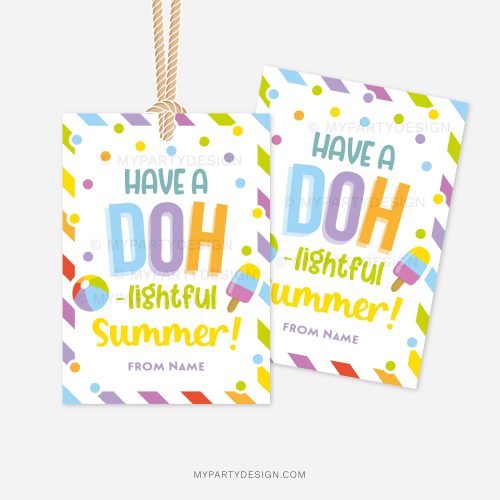 last day of school gift tags that read "have a doh-lightful summer"