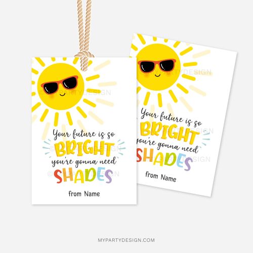 colourful gift tags featuring a sun wearing sunglasses illustration that reads "Your future is so bright you're gonna need shades"