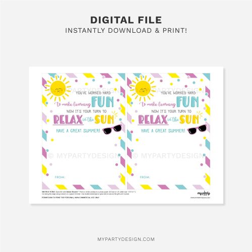 printable teacher Summer gift card holder for end of year gifts