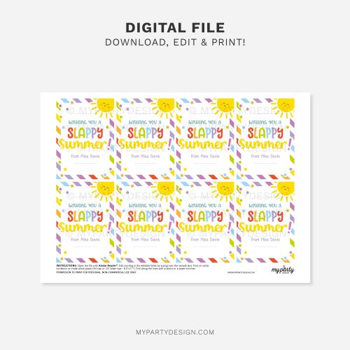 printable slappy summer slap band tag for non-candy last day of school class gifts