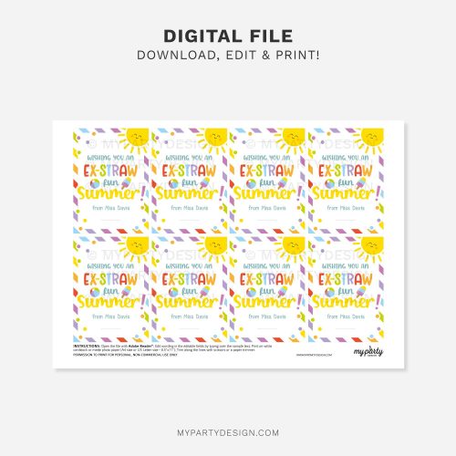 printable summer straw tag for school non-candy last day of school class gifts