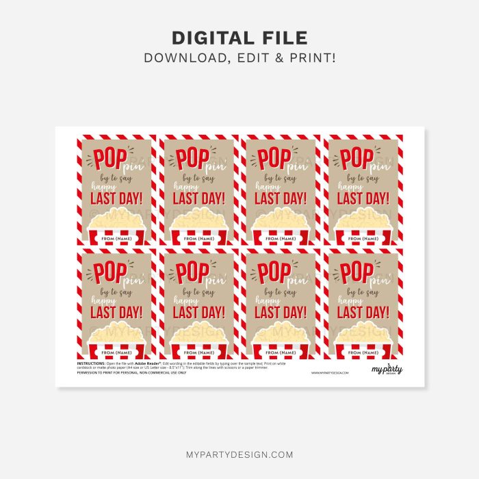 printable Popcorn Last Day of School Gift Tag for end of year class gifts