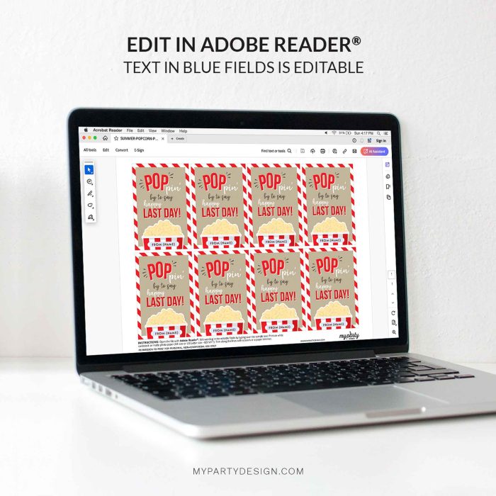 editable Popcorn Last Day of School Gift Tag template for end of year class gifts