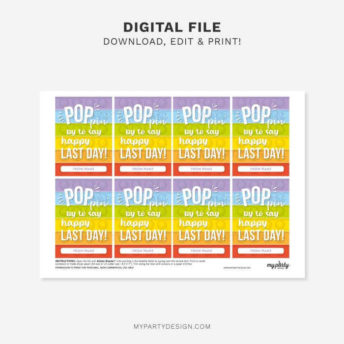 printable Pop It Last Day of School Gift Tag for end of school year class gifts
