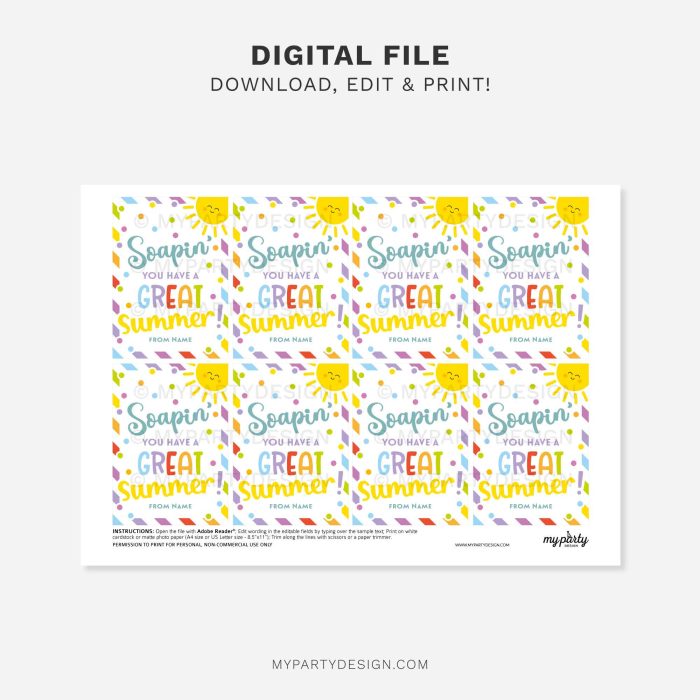 printable summer soap gift tag for teachers, staff or coworker gifts