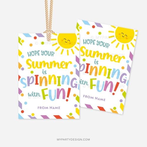 last day of school gift tags that read "hope your summer is spinning with fun"