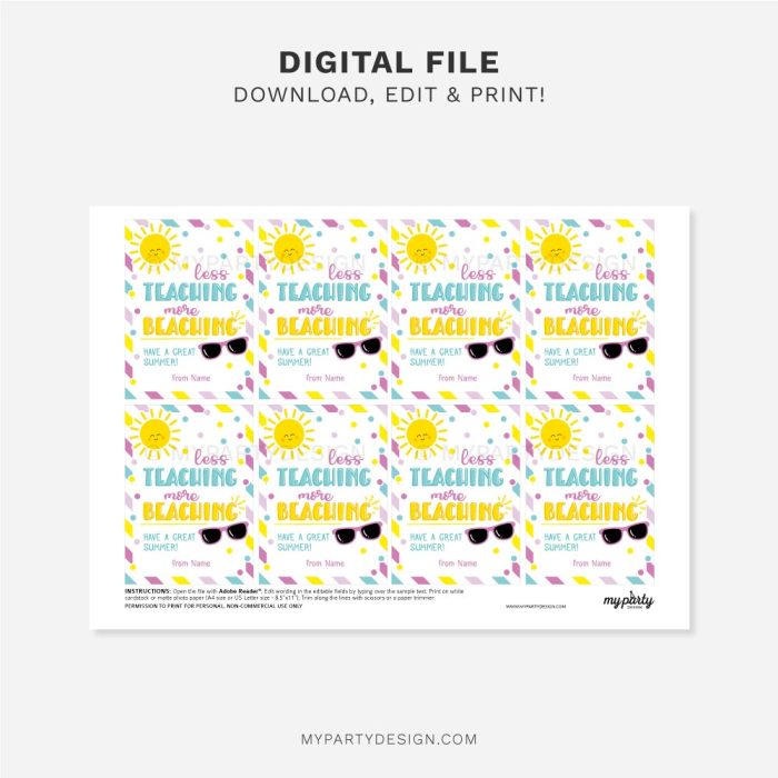 printable end of year gift tags for teacher gifts that read "less teaching more beaching"