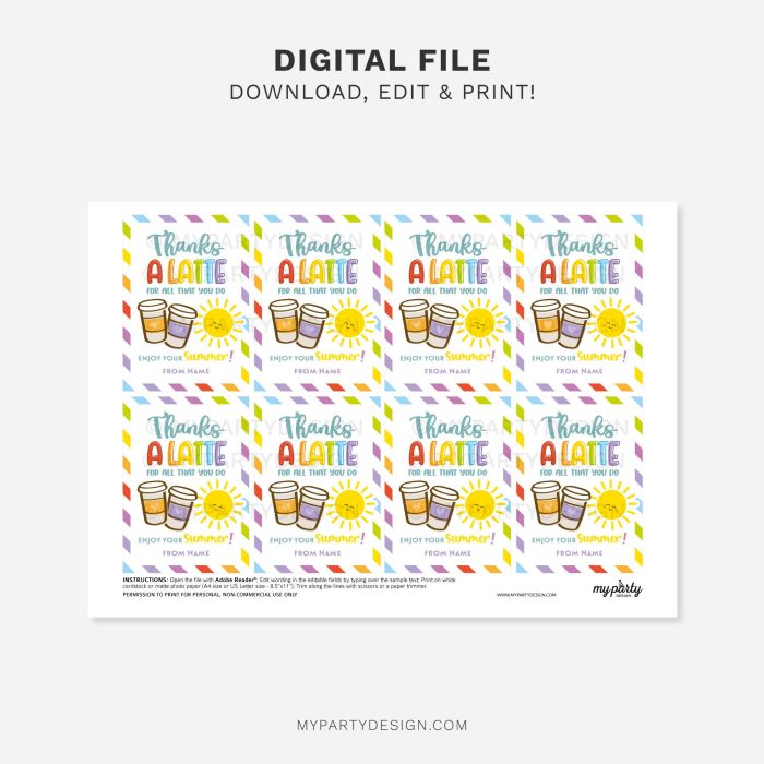 printable summer thanks a latte gift tag for teacher or staff appreciation gifts