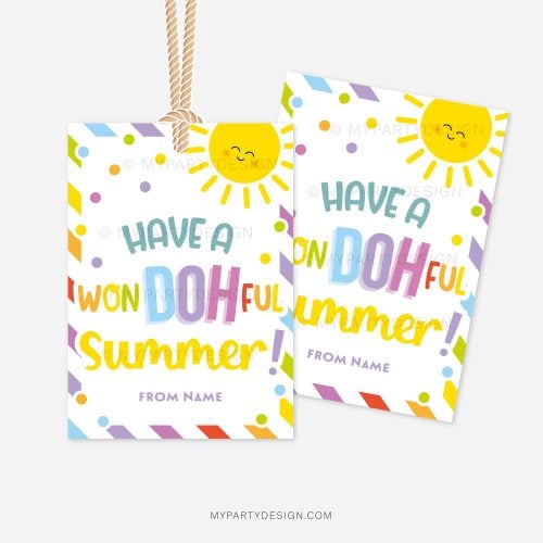 last day of school gift tags that read "have a won-doh-ful summer"