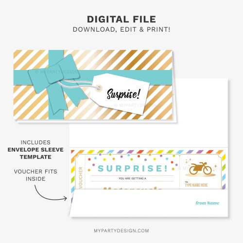 surprise motorcycle gift voucher and matching envelope sleeve