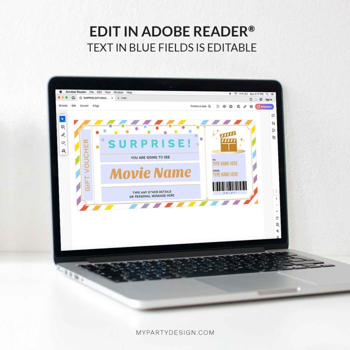 editable surprise movie ticket gift voucher template