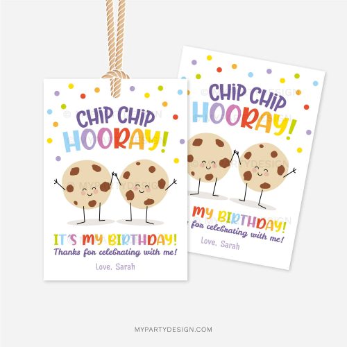 cute class gift tags with cookie illustration that read "chip chip hooray, it's my birthday!"