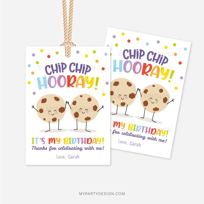 cute class gift tags with cookie illustration that read "chip chip hooray, it's my birthday!"
