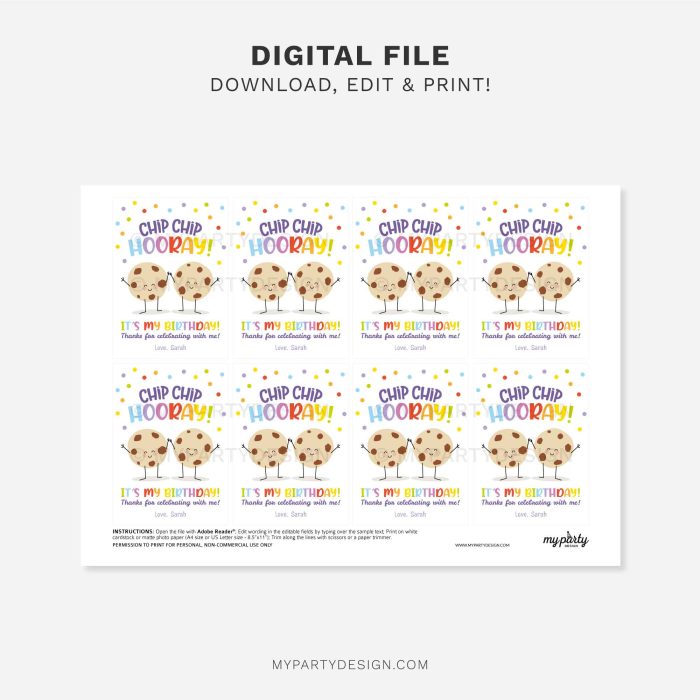 printable Chip Hooray Cookie Birthday Class Gift Tag for kids birthday favors