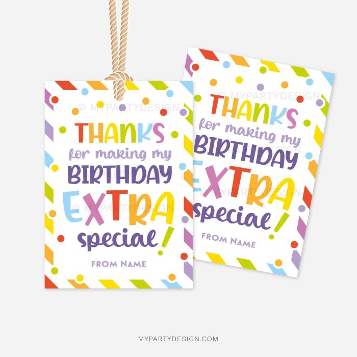 colorful birthday favors gift tags that read "thanks for making my birthday extra special"