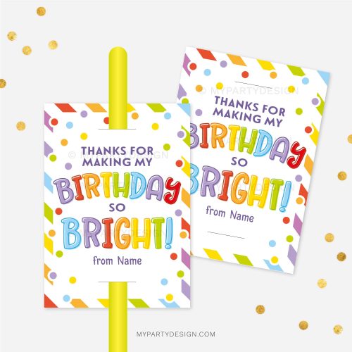 glow stick birthday class gift tag that reads "Thanks for making my Birthday so Bright!"