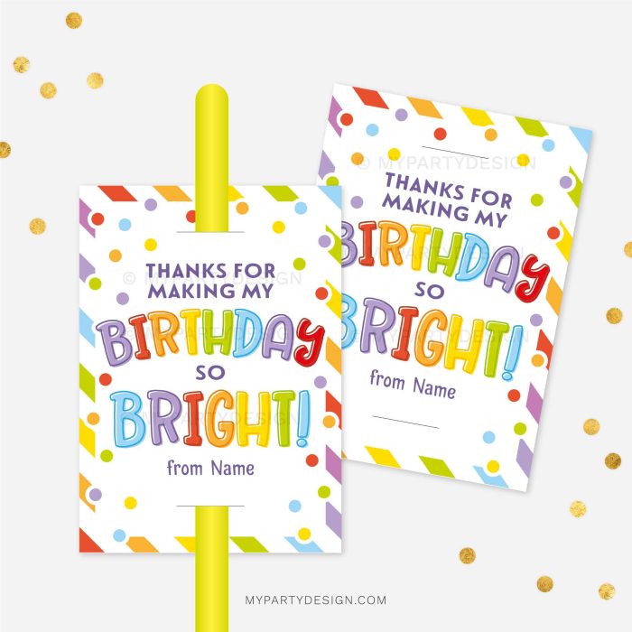 glow stick birthday class gift tag that reads "Thanks for making my Birthday so Bright!"