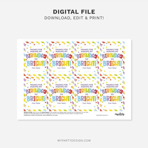 printable glow stick birthday class gift tag that reads "Thanks for making my Birthday so Bright!"