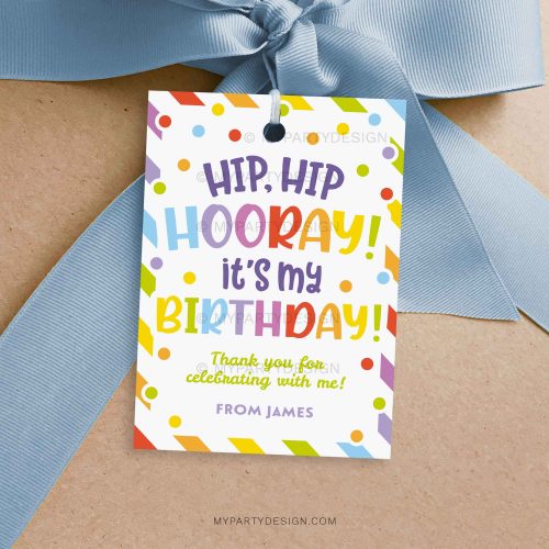 colourful Hip Hooray Birthday Class Gift Tag for kids birthday favors