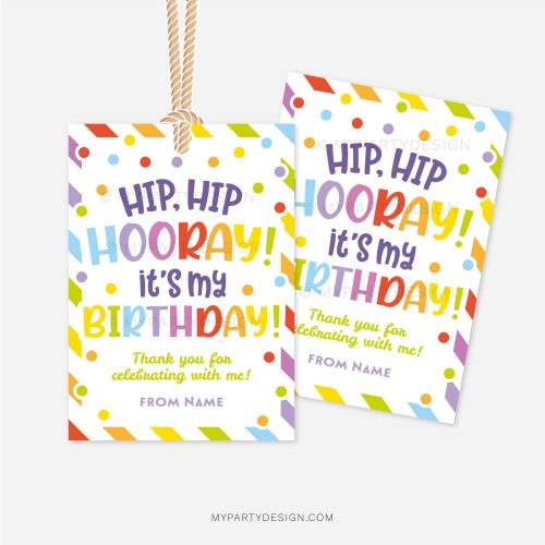 rainbow coloured gift tags for class gifts that read "hip hip hooray, it's my birthday!"