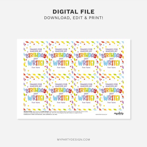 printable pencil birthday class gift tag that reads "Thanks for making my Birthday just Write!"