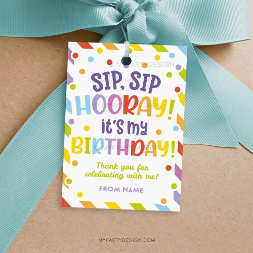 colourful Sip Hooray Birthday Class Gift Tag for kids birthday favors