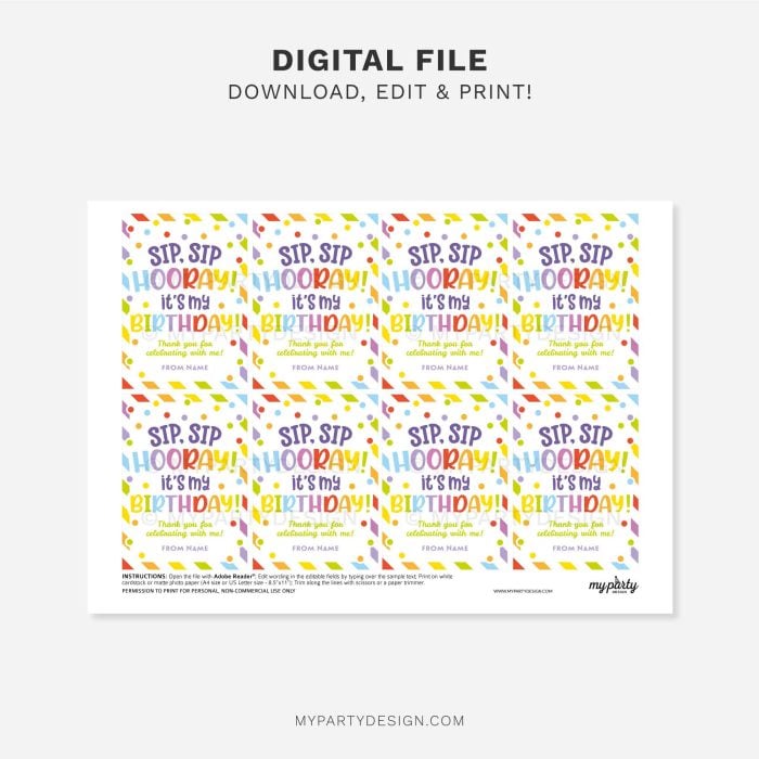 printable Sip Hooray Birthday Class Gift Tag for kids birthday favors