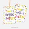 colorful sprinkle theme gift tags for class gifts that read "thanks for making my birthday so sweet"