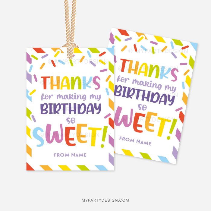 colorful sprinkle theme gift tags for class gifts that read "thanks for making my birthday so sweet"