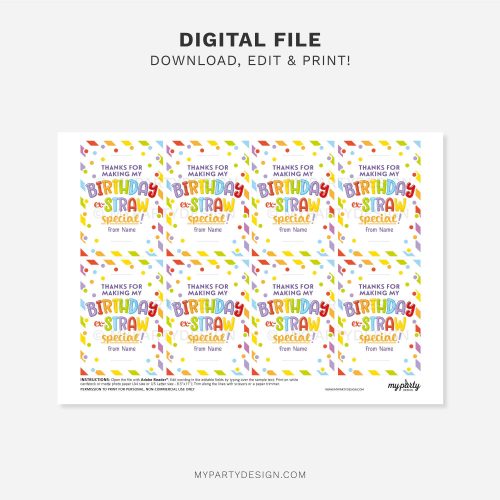 printable straw birthday class gift tag that reads "Thanks for making my Birthday ex-Straw special!"