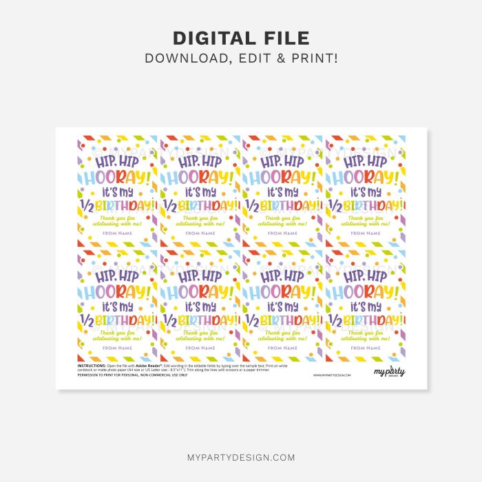 printable Hip Hooray Half Birthday Class Gift Tag for kids 1/2 birthday favors