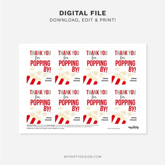 printable Thank You for Popping By Popcorn Tag for party favors