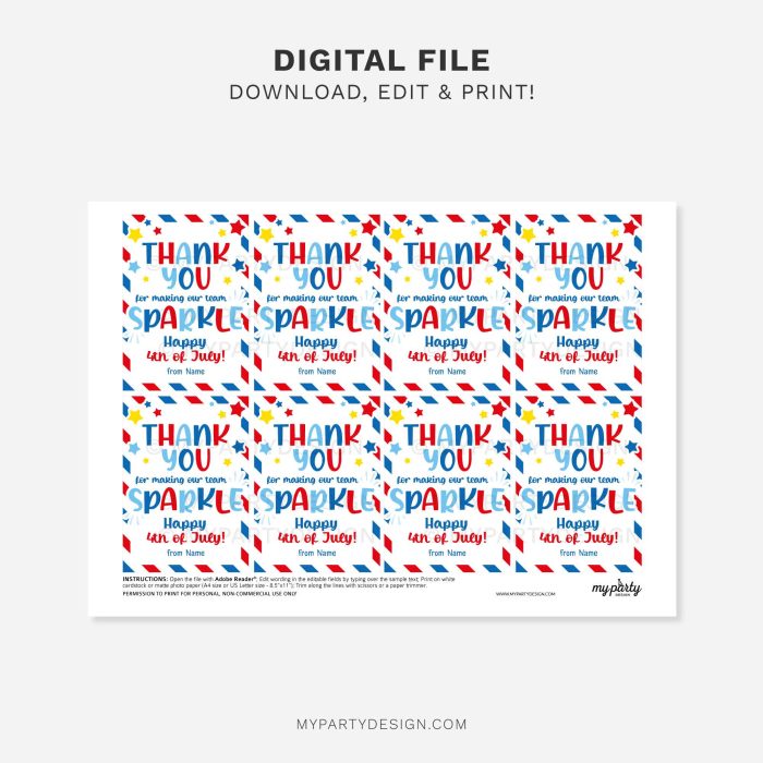printable 4th of July team sparkle gift tag for staff appreciation gifts