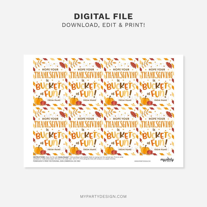 printable thanksgiving buckets with fun gift tag for fall class gifts