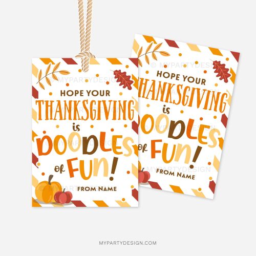 fall themed class gift tags that read "hope your thanksgiving is doodles of fun"