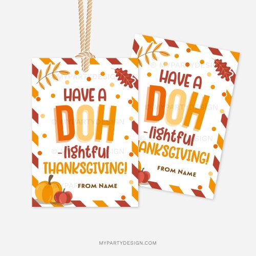 fall themed play dough gift tags for thanksgiving class gifts that read "have a doh-lightful thanksgiving"