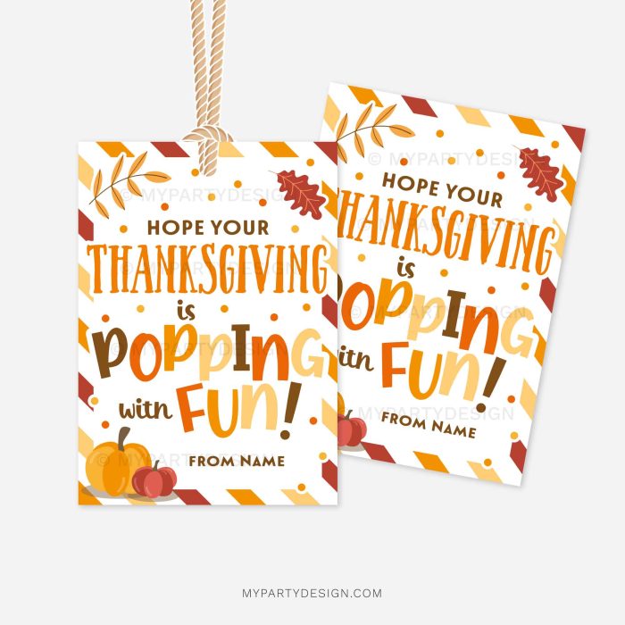 fall themed class gift tags that read "hope your thanksgiving is popping with fun"