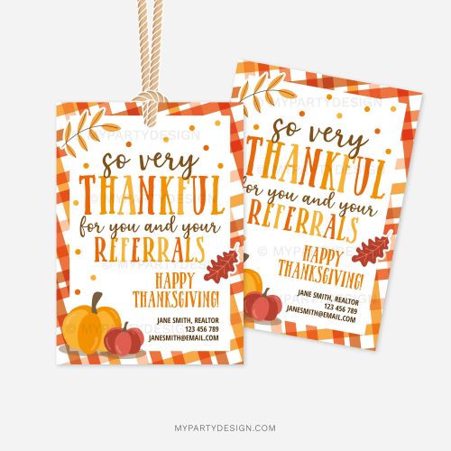 fall themed thanksgiving client appreciation gift tags that read "so very thankful for you and your referrals"