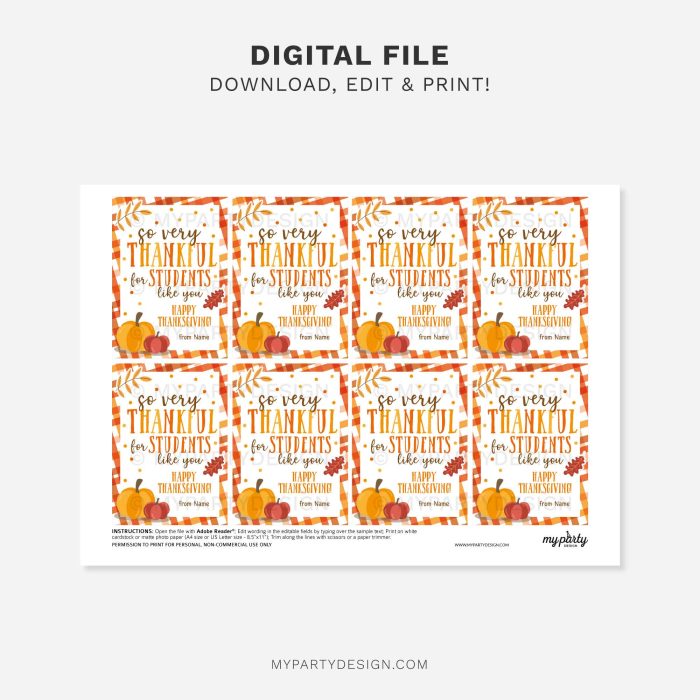 printable thankful for students Thanksgiving gift tag for school class gifts from teacher