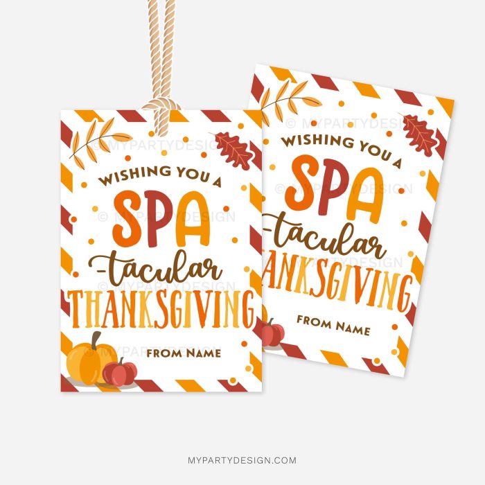 fall themed spa thanksgiving gift tags that read ""wishing you a Spa-tacular Thanksgiving"