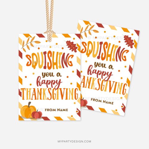 fall themed thanksgiving class gift tags that read "squishing you a happy thanksgiving"