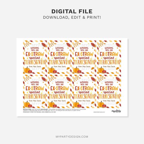 Printable thanksgiving straw tag for school class gifts