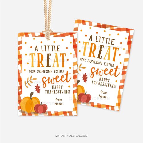thanksgiving gift tags in orange and brown colors featuring autumn leaves, pumpkin illustrations and words "a little treat for someone extra sweet. happy thanksgiving"