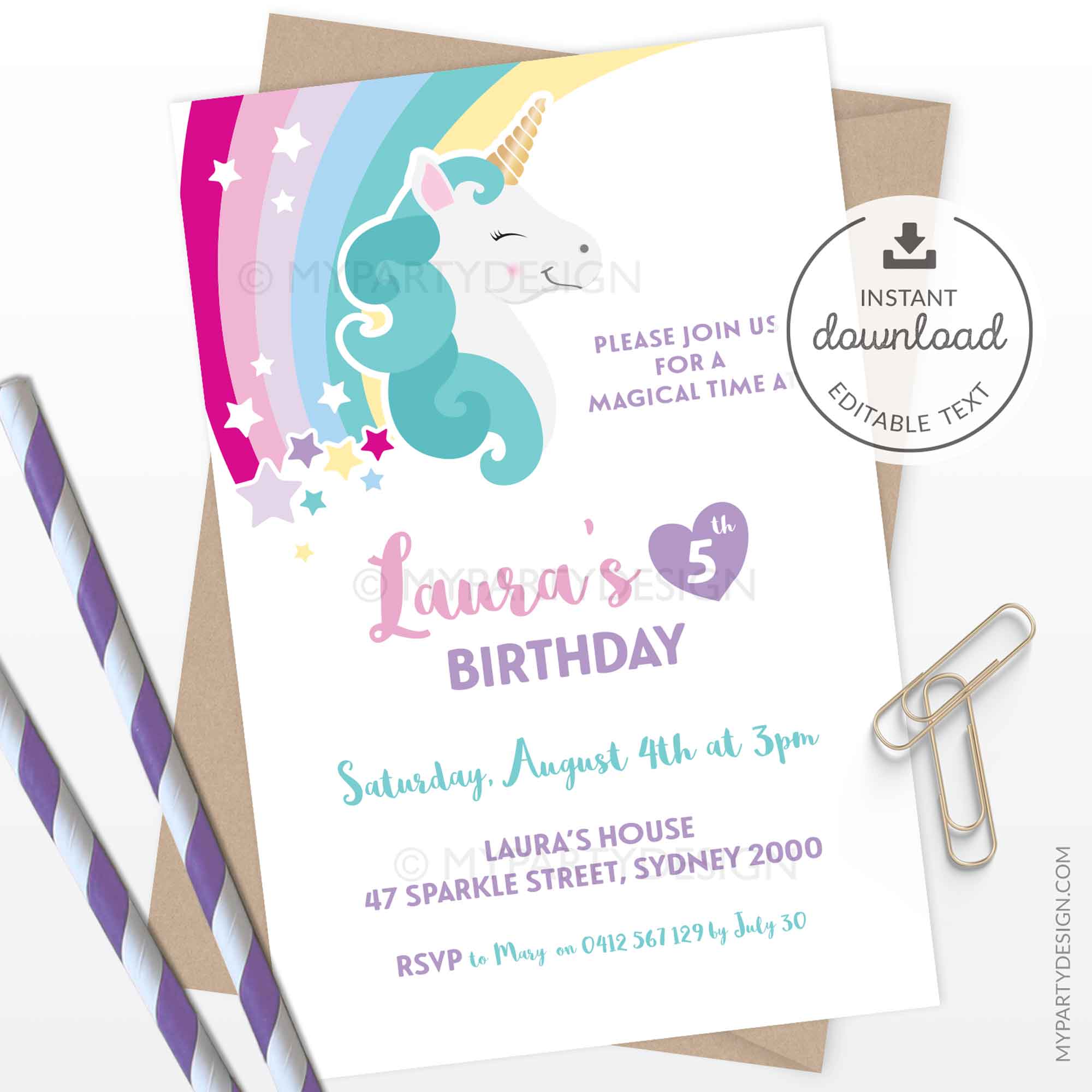 UNICORN_BDAY_INVITATION-05 rainbow unicorn Birthday invitation printable