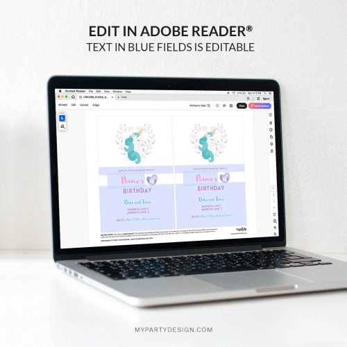 unicorn party invitation - editable printable invite