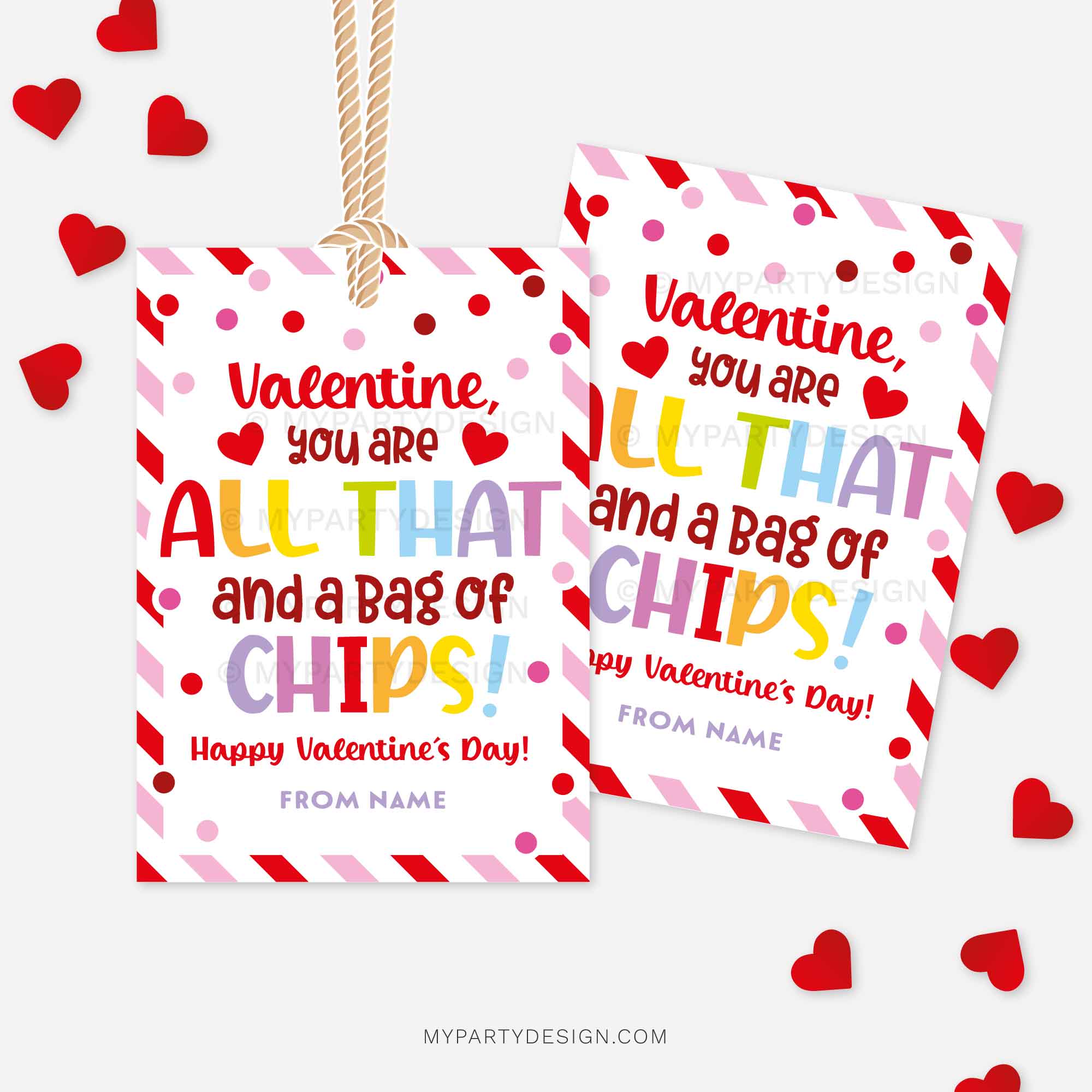 VALENTINES-GIFT-TAGS-ALL-THAT-AND-BAG-OF-CHIPS-00B red and pink Valentine's Day labels for chips class gifts that read "valentine, you are all that and a bag of chips!"
