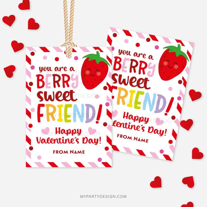red and pink stripes Valentine's Day labels for strawberry snack class gifts that read "you are a berry sweet friend"