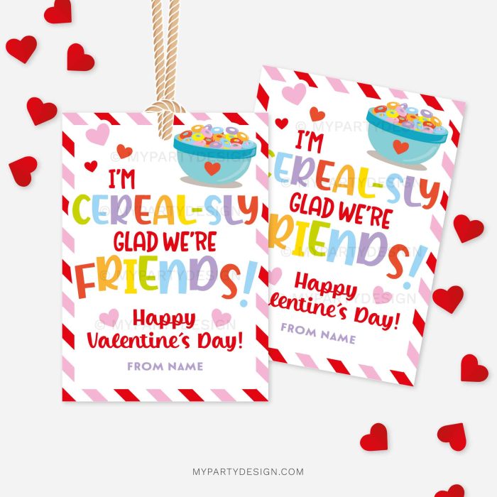 red and pink stripes Valentine's Day labels for box of cereal class gifts that read "I'm cereal-sly glad we're friends"