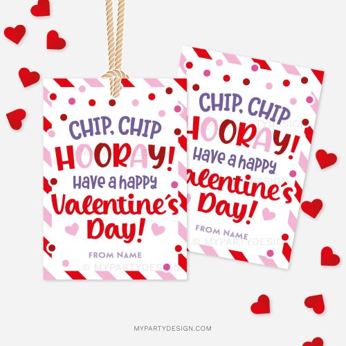 red and pink Valentines Day gift tag that reads "chip chip hooray, have a happy Valentine's Day"